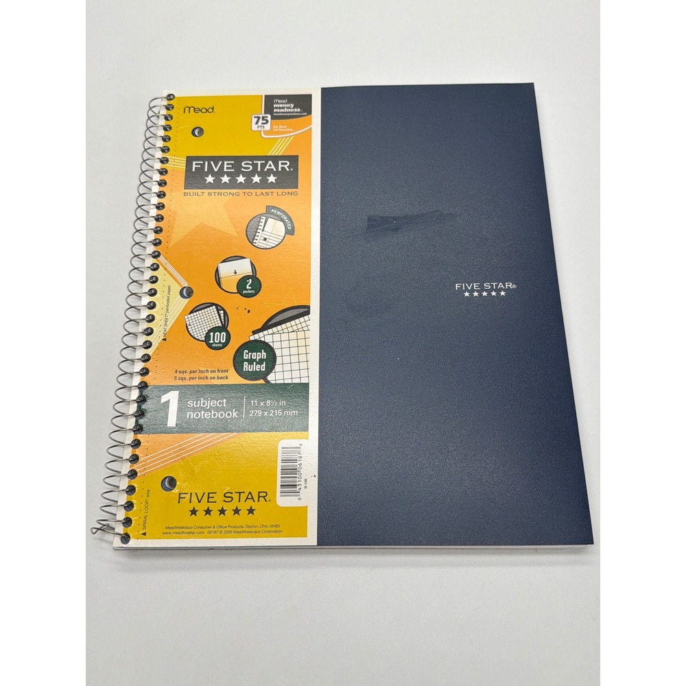 Mead Five Star 1 Subject Notebook Navy Blue Graph Ruled 100 Sheets 11x8.5in